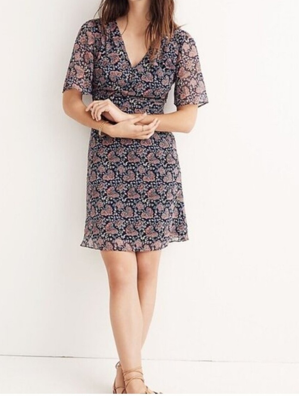 Madewell Navy and Pink Floral V-Neck Dress Sz 4